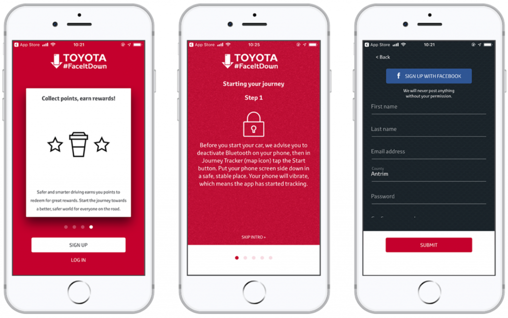 UI and UX design. Image of Toyota FaceItDown App Screens.