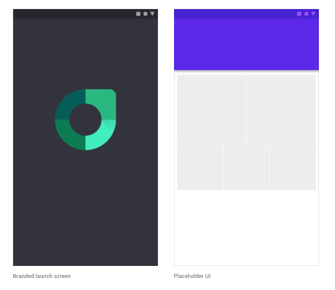 App onboarding. Google example of branded launch screen and placeholder UI