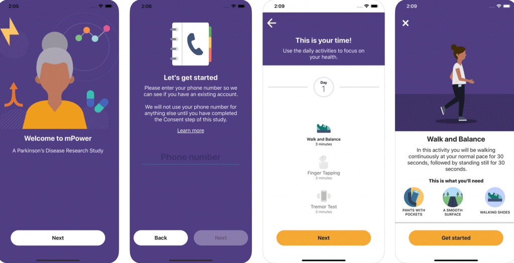 Health Technology. Screens from the mPower 2.0 Parkinson's disease app.