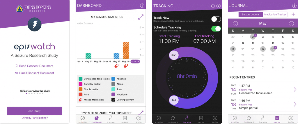 Health Technology. Images of screens from the EpiWatch Epilepsy app.