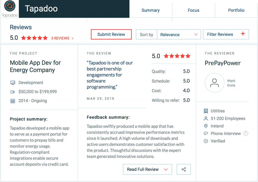 Top B2B App Development Partner. Image of a client review from Clutch.