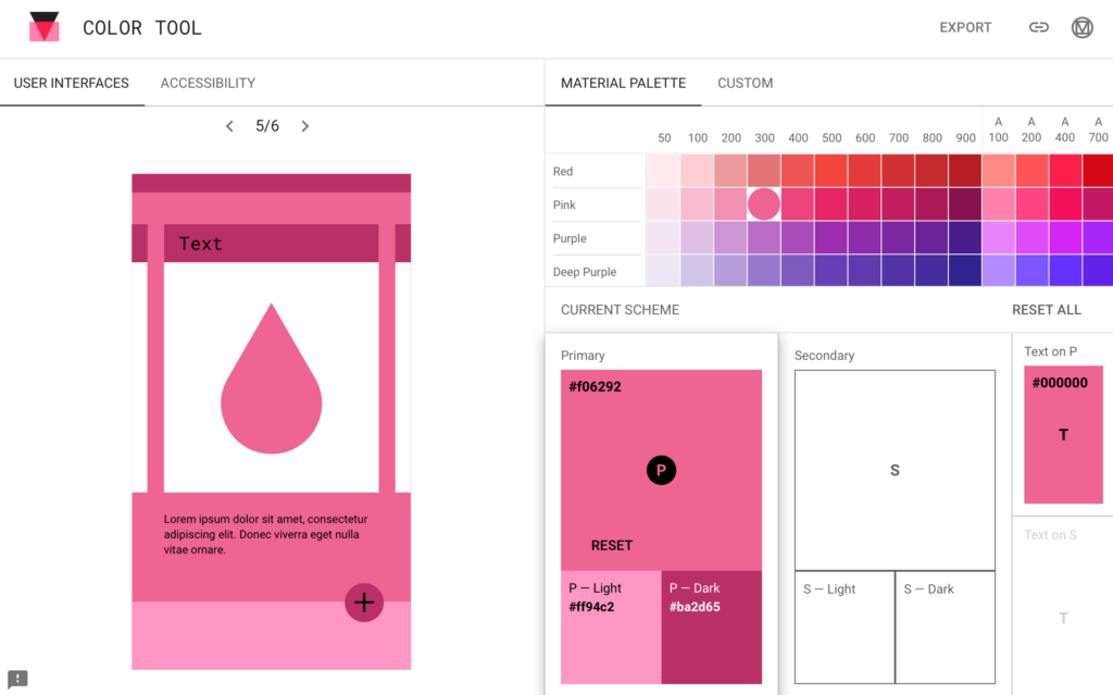 Mobile App Design. Example of material designs colour tool