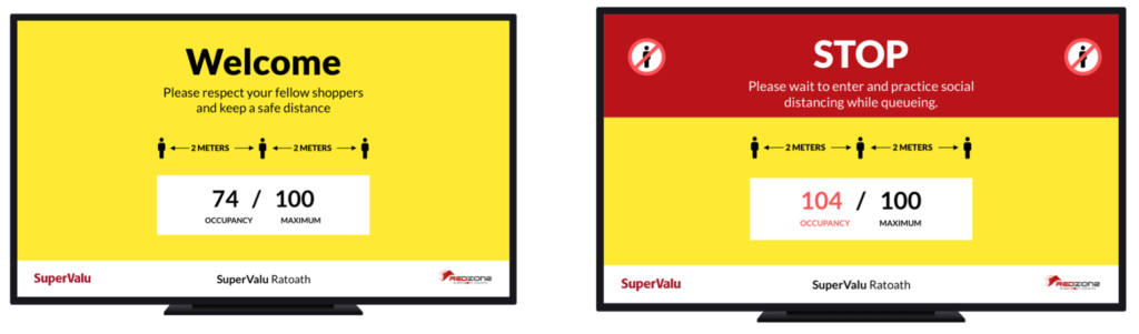 Social distancing. Digital signage for retail stores to implement social distance and limit the number of people into the store at any one time.